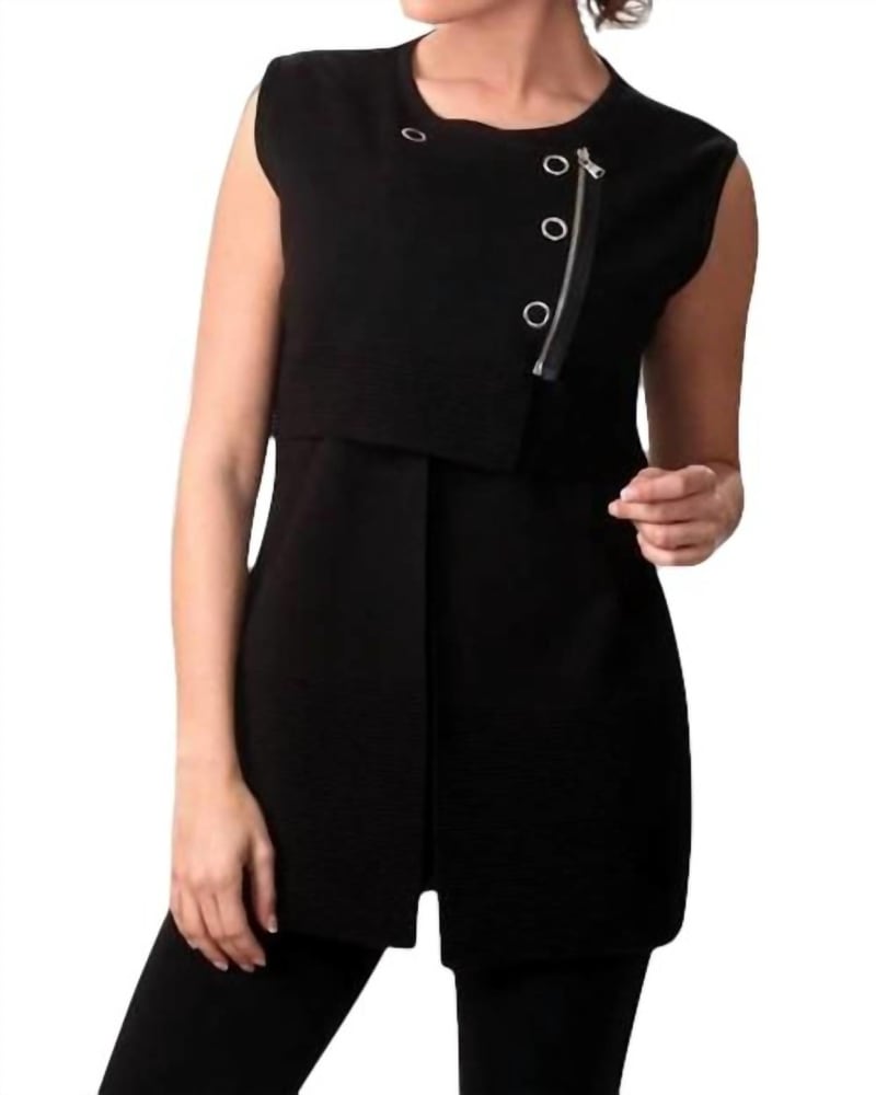 Front of a model wearing a size LG Side Snap & Zip Long Vest in Black in Black by ANGEL. | dia_product_style_image_id:326581